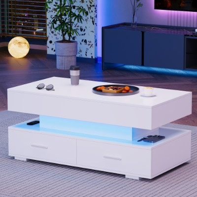 Modern white coffee table with LED lighting in a living room setting