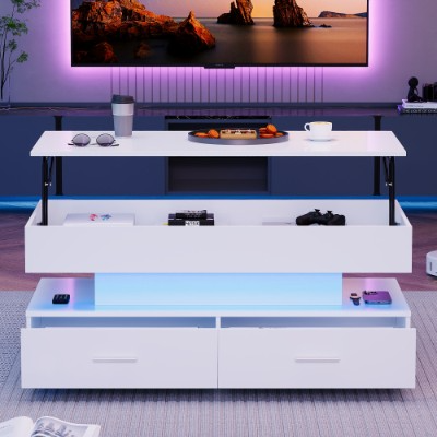 Modern white entertainment console with LED lighting in a living room setting.