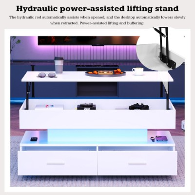 Hydraulic power-assisted lifting stand with text description on a white background