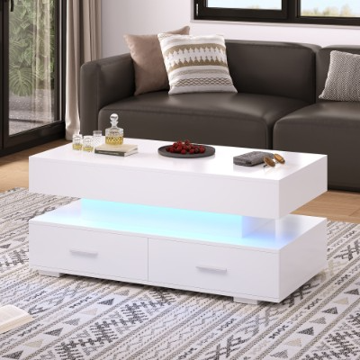 White coffee table with LED lighting in a living room setting