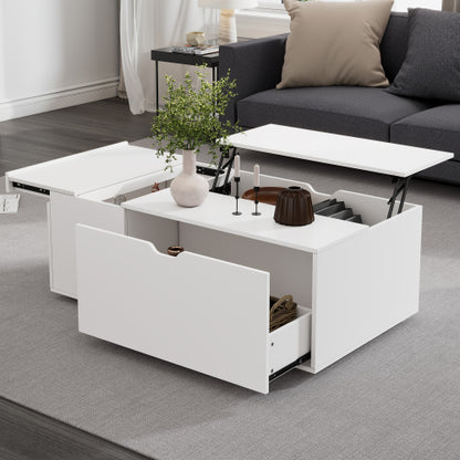 White coffee table with storage compartments in a living room setting