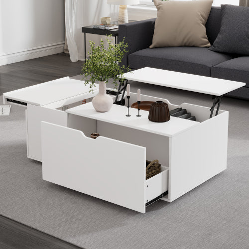 White coffee table with storage compartments in a living room setting
