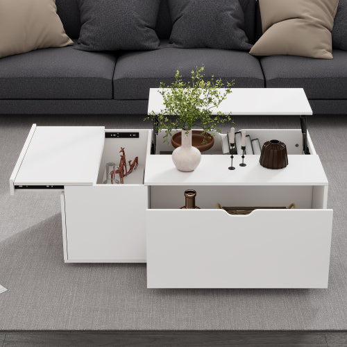 White lift-top coffee table with storage compartments in a living room setting.