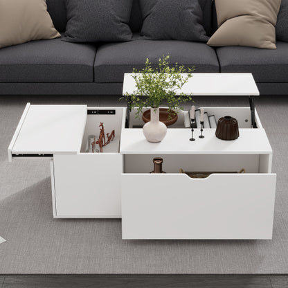 White lift-top coffee table with storage compartments in a living room setting.