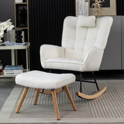 White fabric rocking chair with footstall. perfect for relaxation.