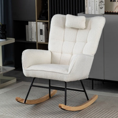 White fabric rocking chair with footstall.