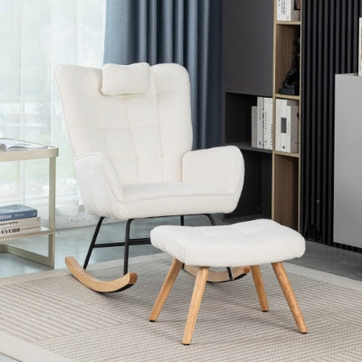 White Fabric Rocking Chair With Footstall