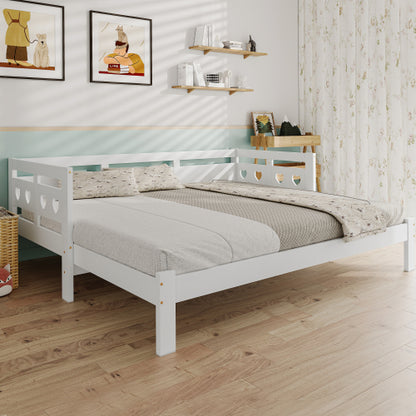 White Heart-Detail Wooden Daybed with Trundle – 3ft Single Sofa Bed (90x190cm)