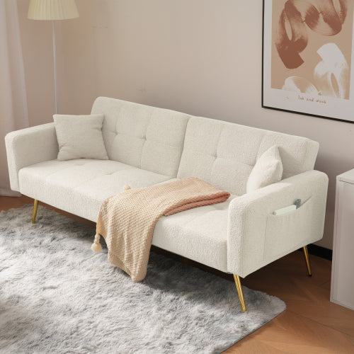2 Seater Sherpa Sofa Bed with Adjustable Backrest &amp; Gold Legs – Convertible Sleeper Sofa with Storage Pockets