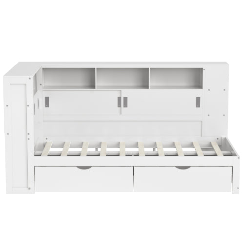 Single Platform Bed with Trundle, Storage & USB – White Wooden Bed with Bookcase (90x190cm)