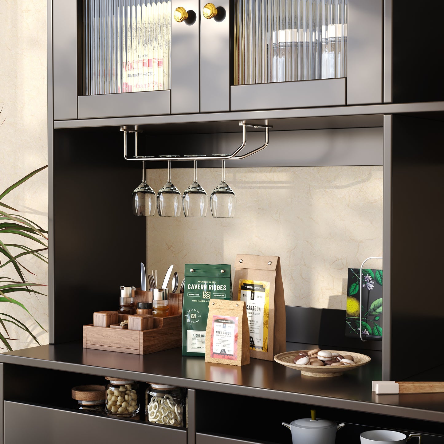 Modern Black Storage Cabinet with Glass Doors & Wine Rack – Large Sideboard Unit (145cm)