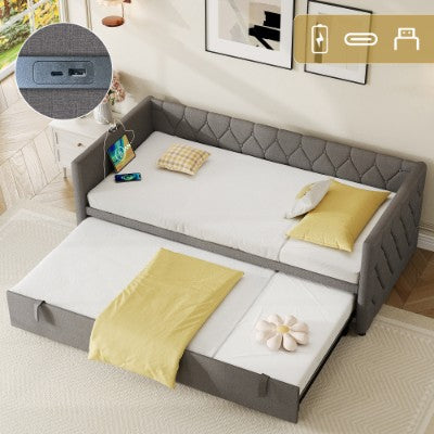 Upholstered Daybed with Trundle & Charging Station – 3ft Single Sofa Bed with USB & Type-C