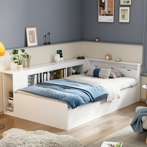 Single Bed with Storage, Drawers & Bookcase – 3FT Multifunctional Bed Frame (90 x 190 cm, White)