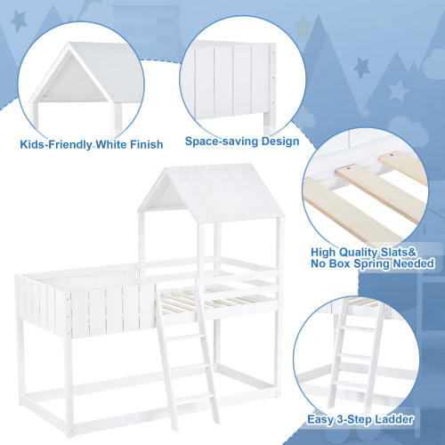 Kids Wooden Mid Sleeper Treehouse Bed – 3FT Single Loft Bed with Ladder & Guard Rail (White 90x190cm)