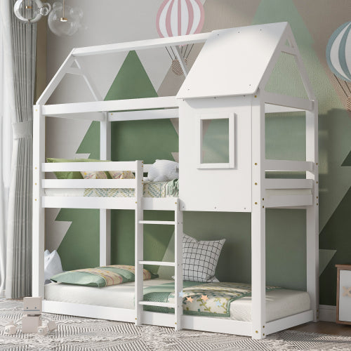 White Wooden Bunk Bed for Kids – 3FT Single Cabin Bed with Ladder & Treehouse Design