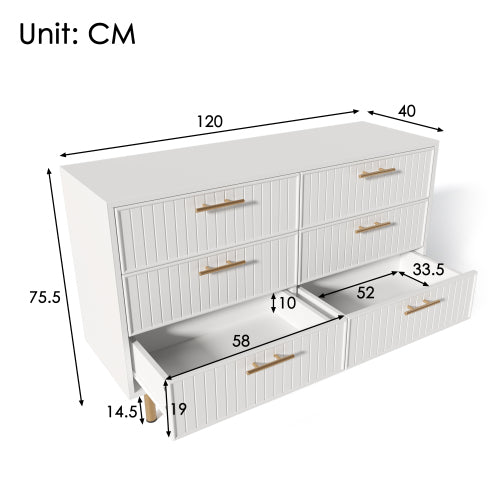 Modern White Sideboard Cabinet – 6 Drawer Chest with Gold Handles & Ribbed Design (120cm)