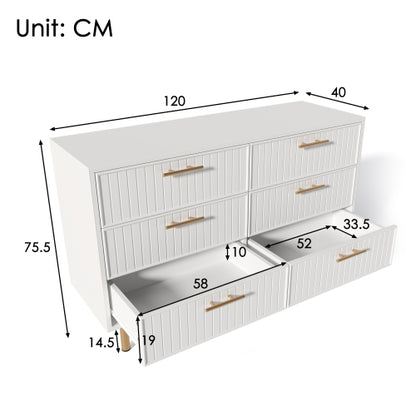 Modern White Sideboard Cabinet – 6 Drawer Chest with Gold Handles & Ribbed Design (120cm)