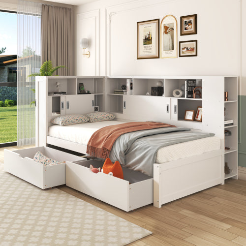 Single Platform Bed with Trundle, Storage & USB – White Wooden Bed with Bookcase (90x190cm)