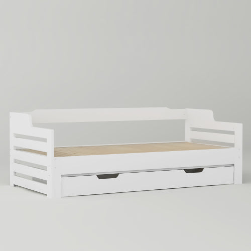 Wooden Daybed with Trundle & Storage Drawer – 3FT Single Guest Bed Sofa Bed (90 x 190 cm, White)