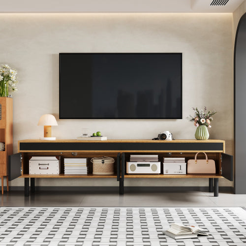 Modern TV Cabinet 170cm – Black & Wood Effect TV Stand with 4 Doors & Storage