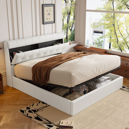 Double Upholstered Ottoman Bed 135 x 190 cm – Hydraulic Storage Bed with Hidden Headboard Storage (Black/Cream White)