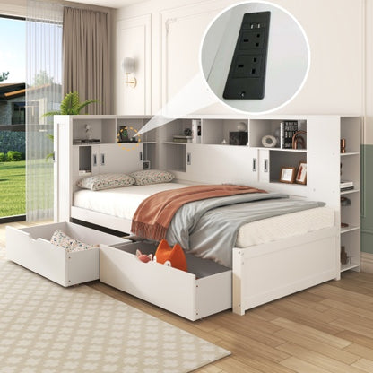 Single Platform Bed with Trundle, Storage & USB – White Wooden Bed with Bookcase (90x190cm)