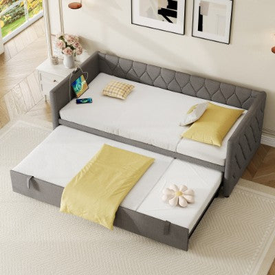 Upholstered Daybed with Trundle & Charging Station – 3ft Single Sofa Bed with USB & Type-C