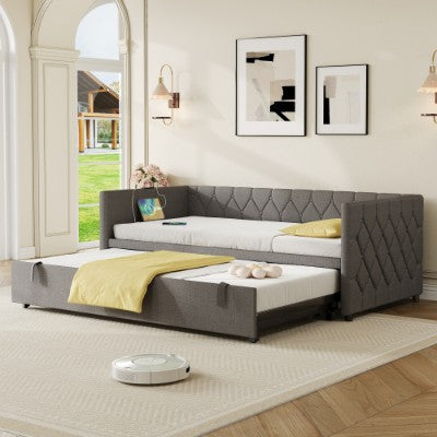 Upholstered Daybed with Trundle & Charging Station – 3ft Single Sofa Bed with USB & Type-C