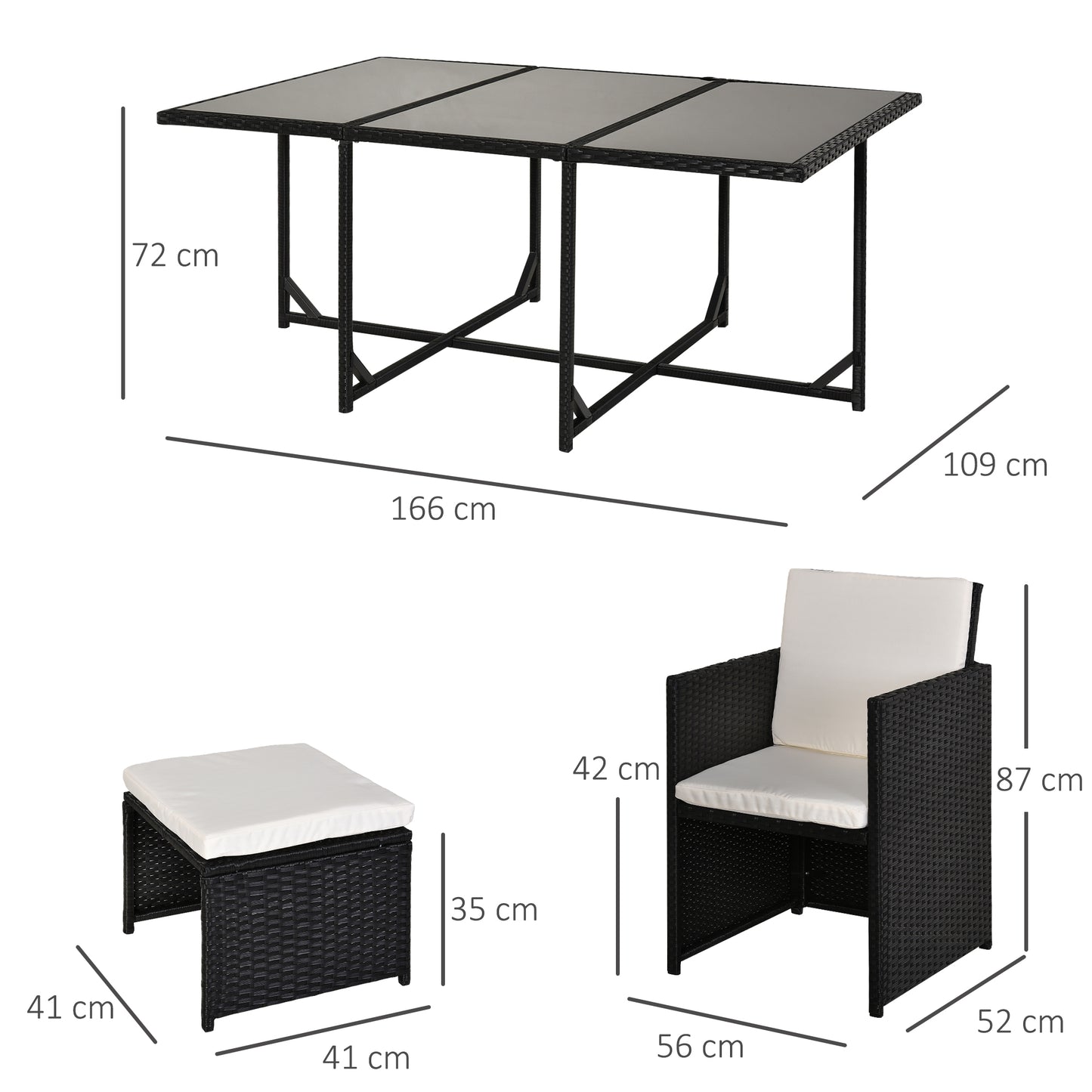Black Rattan Cube Dining Set with 6 Chairs & 4 Footstools – Garden Furniture Set with Glass Table