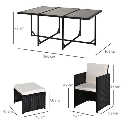 Black Rattan Cube Dining Set with 6 Chairs & 4 Footstools – Garden Furniture Set with Glass Table