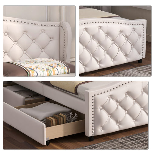 White Upholstered Double Bed with Drawers – Chesterfield Style PU Leather Bed Frame (135 x 190cm)