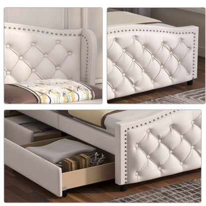 White Upholstered Double Bed with Drawers – Chesterfield Style PU Leather Bed Frame (135 x 190cm)