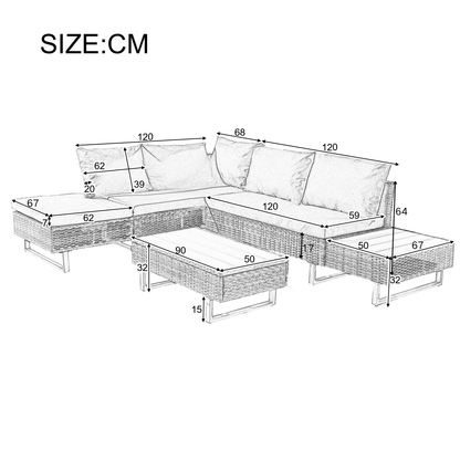 Mixed Khaki Rattan Corner Sofa Set with Coffee Table – Modular Garden Furniture Set with Adjustable Recliner