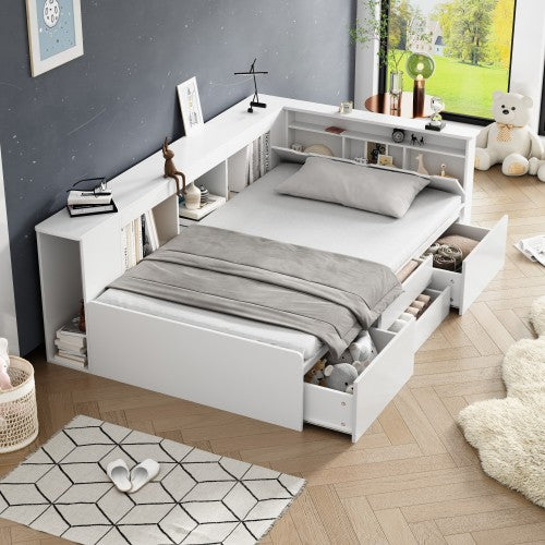 Single Bed with Storage, Drawers & Bookcase – 3FT Multifunctional Bed Frame (90 x 190 cm, White)