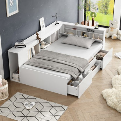 Single Bed with Storage, Drawers & Bookcase – 3FT Multifunctional Bed Frame (90 x 190 cm, White)