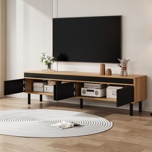 Modern TV Cabinet 170cm – Black & Wood Effect TV Stand with 4 Doors & Storage