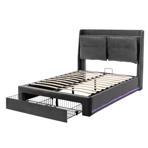 Dark Grey Velvet Upholstered Double Bed with Storage, LED Lights & Drawers – 4ft6 (135x190cm)
