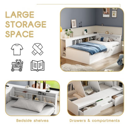 Single Bed with Storage, Drawers & Bookcase – 3FT Multifunctional Bed Frame (90 x 190 cm, White)