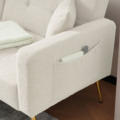 2 Seater Sherpa Sofa Bed with Adjustable Backrest &amp; Gold Legs – Convertible Sleeper Sofa with Storage Pockets