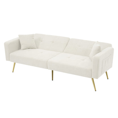 2 Seater Sherpa Sofa Bed with Adjustable Backrest &amp; Gold Legs – Convertible Sleeper Sofa with Storage Pockets