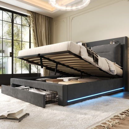 Dark Grey Velvet Upholstered Double Bed with Storage, LED Lights & Drawers – 4ft6 (135x190cm)