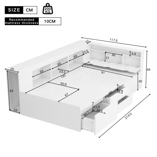 Single Bed with Storage, Drawers & Bookcase – 3FT Multifunctional Bed Frame (90 x 190 cm, White)