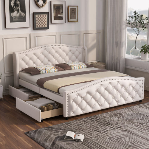 White Upholstered Double Bed with Drawers – Chesterfield Style PU Leather Bed Frame (135 x 190cm)