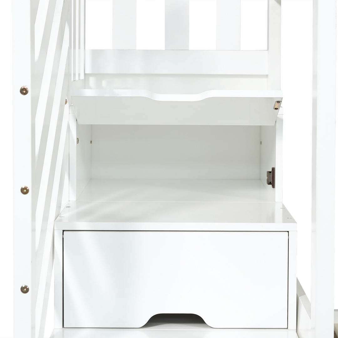 White Wooden Bunk Bed with Storage Stairs & Slide – 90 x 190cm Children’s Bed Frame