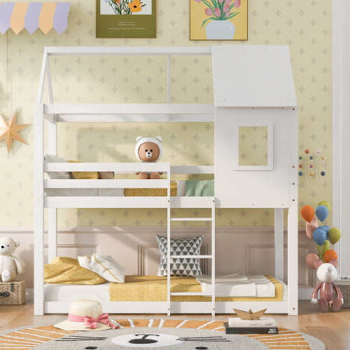 White Wooden Bunk Bed for Kids – 3FT Single Cabin Bed with Ladder & Treehouse Design