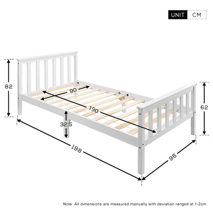 White Solid Pine Wooden Single Bed Frame (3ft) – 90x190cm Kids & Adult Bed