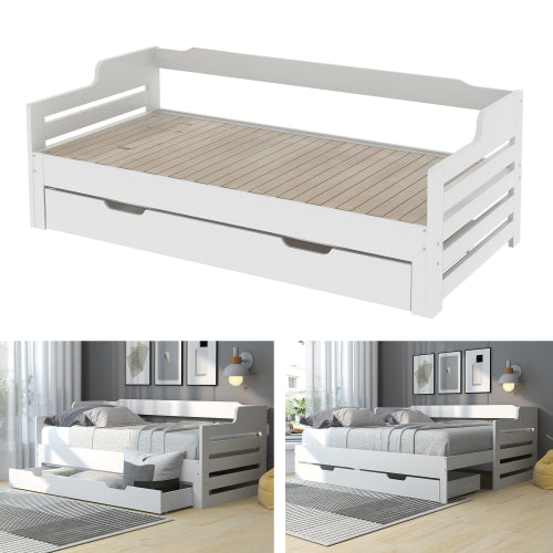 Wooden Daybed with Trundle & Storage Drawer – 3FT Single Guest Bed Sofa Bed (90 x 190 cm, White)