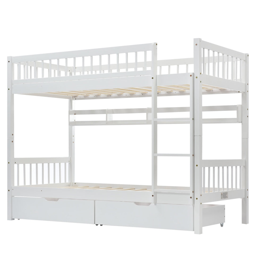 White Wooden Bunk Bed with Storage Drawer & Shelf – 3FT Single Solid Pine Frame (90x190cm)