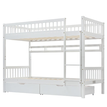 White Wooden Bunk Bed with Storage Drawer & Shelf – 3FT Single Solid Pine Frame (90x190cm)