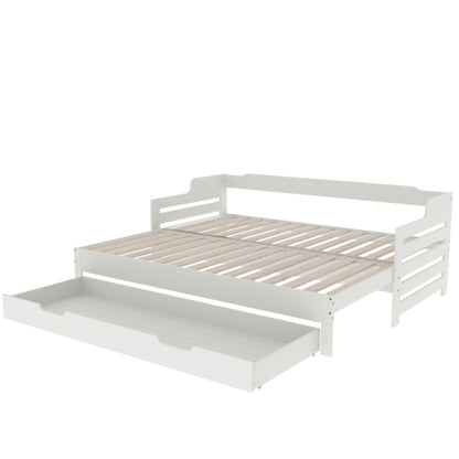 Wooden Daybed with Trundle & Storage Drawer – 3FT Single Guest Bed Sofa Bed (90 x 190 cm, White)
